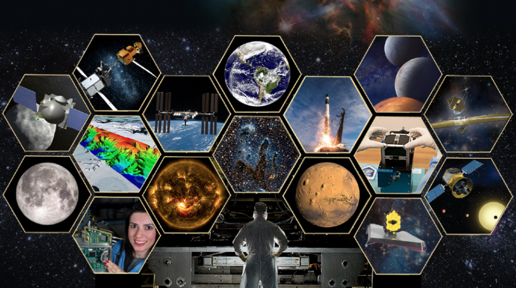 17 hexagon shaped images of people, space, and NASA technologies relating to the James Webb Space Telescope.