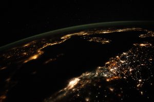 Nighttime photograph captures the Mediterranean Sea from north Africa to southern Europe.