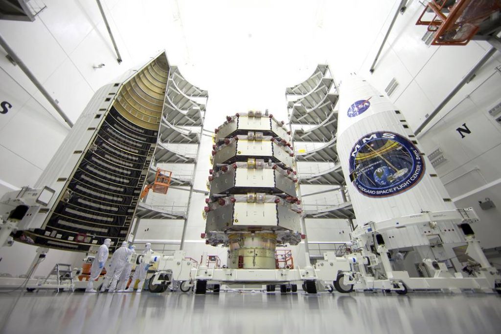NASA's four Magnetospheric Multiscale, or MMS, satellites in a clean room at the Astrotech Space Operations facility in Titusville, Florida, where they are being processed for launch.