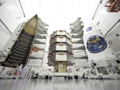 NASA's four Magnetospheric Multiscale, or MMS, satellites in a clean room at the Astrotech Space Operations facility in Titusville, Florida, where they are being processed for launch.