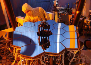 A fully functional, 1/6th scale model of the James Webb Space Telescope mirror in an optics test bed.