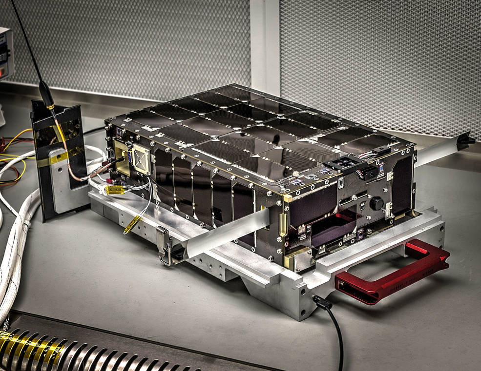The Dellingr CubeSat lined with solar panels.