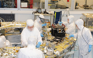 MMS Fight Harness: One of the MMS spacecraft undergoing integration. Shown here is a myriad of activities focusing on the electrical harness buildup.