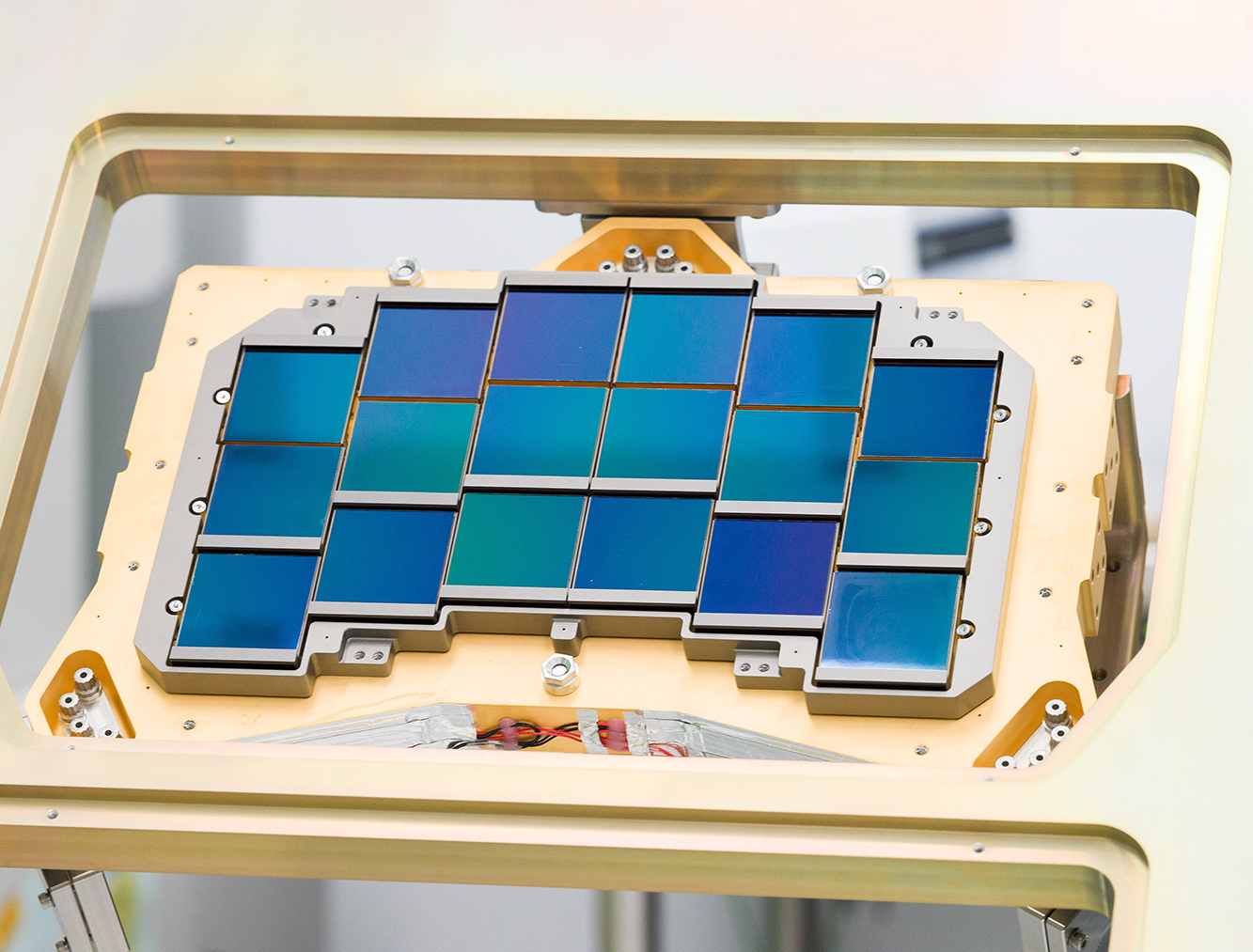 The Roman WFI detector focal plane consists of 18 H4RG-10 detectors in a 6 x 3 array that combined provide an 0.281 deg2 active FOV. This image shows the focal plane Engineering Test Unit with non-flight candidate detectors.