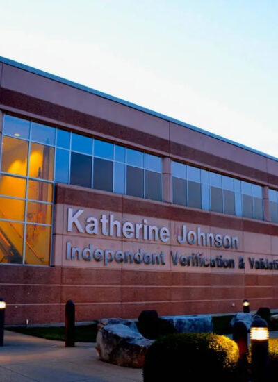 Front of Katherine Johnson Independent Verification & Validation Facility in the early evening.