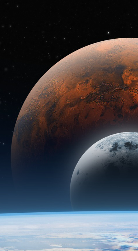 Graphic for the cover of NASA's Fiscal Year 2025 budget request, showing an artist's view of the Earth's horizon and atmosphere from space, the Moon, Mars and a field of stars.