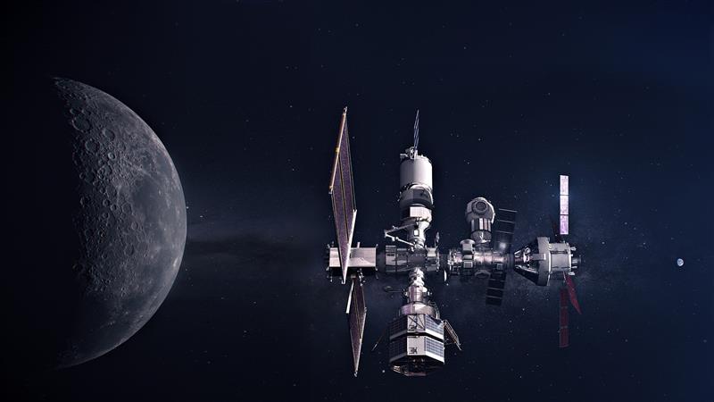 An artistic rendering of the full view of Gateway, an orbital outpost around the Moon.