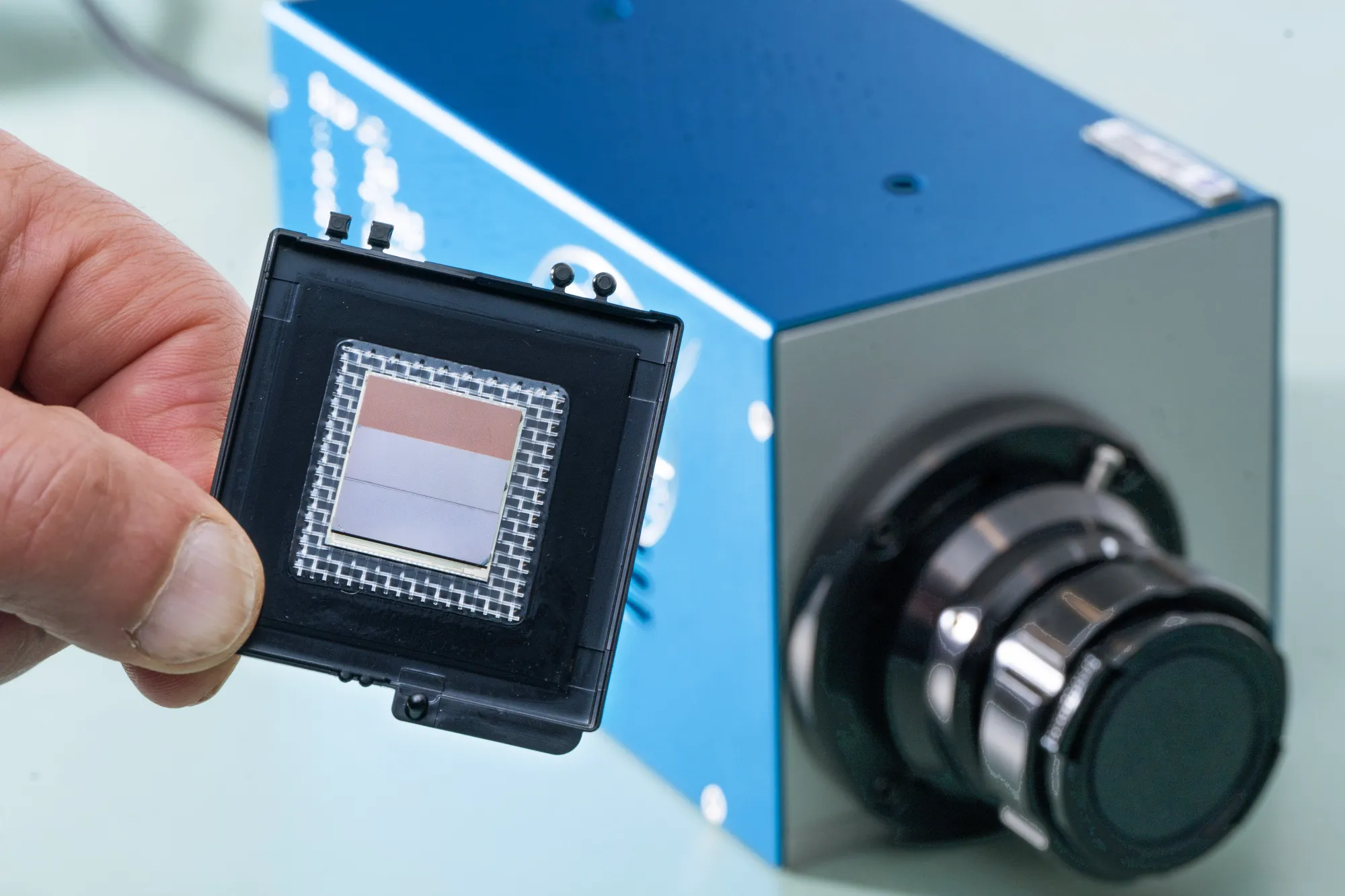 Goddard engineer Murzy Jhabvala holds the heart of his Compact Thermal Imager camera technology – a high-resolution, high-spectral range infrared sensor suitable for small satellites and missions to other solar-system objects.