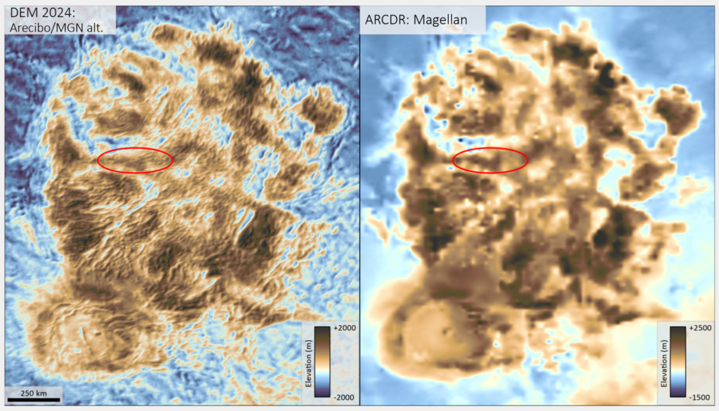 Two nearly identical scenes are side by side. Each has a blue background with a splotchy brown and tan pattern on top of it. The image on the left is much sharper than the one on the right, with texture and shades of colors visible. A small, red ellipse marks a spot a little left of the center of the splotchy pattern.