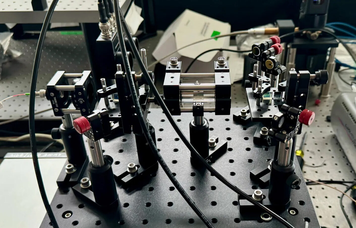 Desk showing work on the quantum clock synchronization protocol that takes place in this lab at NASA’s Goddard Space Flight Center in Greenbelt, Md. Photo Credit: NASA/Matthew Kaufman