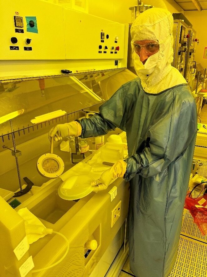 Edward Wassell electroplates bismuth films onto a wafer of superconducting transition edge sensor microcalorimeters in  GSFC’s Detector Development Lab.