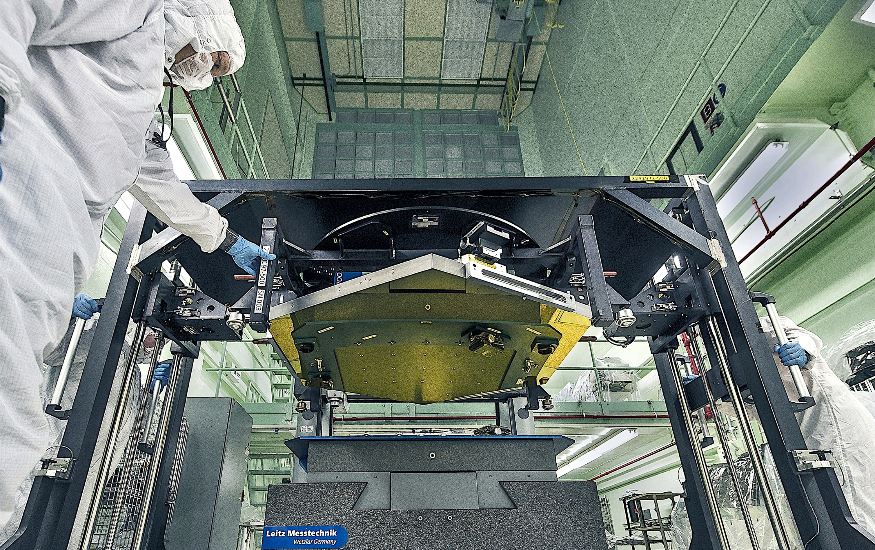 A primary mirror segment for the James Webb Space Telescope in preparation for segment-level metrology on a coordinate measuring machine in an Optics Branch clean room prior to integration with the rest of the telescope.