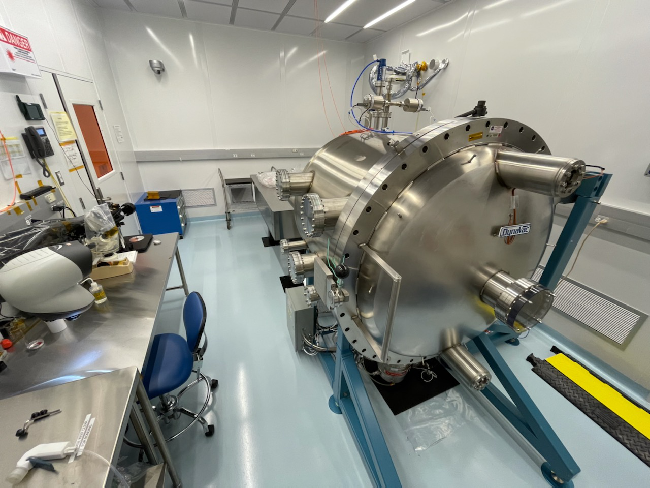 A thermal vacuum chamber inside the Space Laser Assembly Cleanroom can be used for technology development and qualification testing of laser systems in vacuum conditions at different temperatures that simulate the space environment