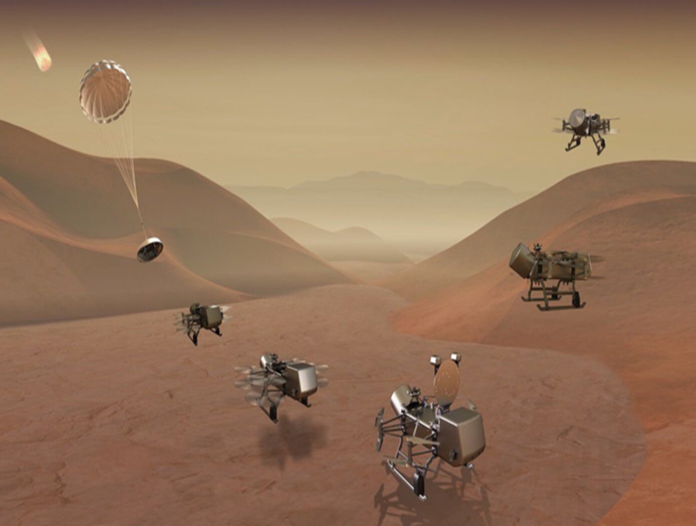 An artist's concept image of the dragonfly drones landing on Saturn's moon Titan and then taking flight.