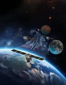 This is an artist’s rendering of the Earth, the Moon, and Mars with a constellation of satellites being driven by software code. This depicts the current and future central role that software plays in NASA missions. Credit: N4 Solutions