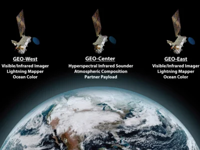 NOAA is planning a three-satellite GeoXO operational constellation. Spacecraft in GEO-East and GEO-West positions will carry an imager, lightning mapper, and ocean color instrument, and a centrally-located spacecraft will carry a sounder and atmospheric composition instrument. This constellation can also accommodate a partner payload on the spacecraft flying in the central location. Credit: NOAA/Lockheed