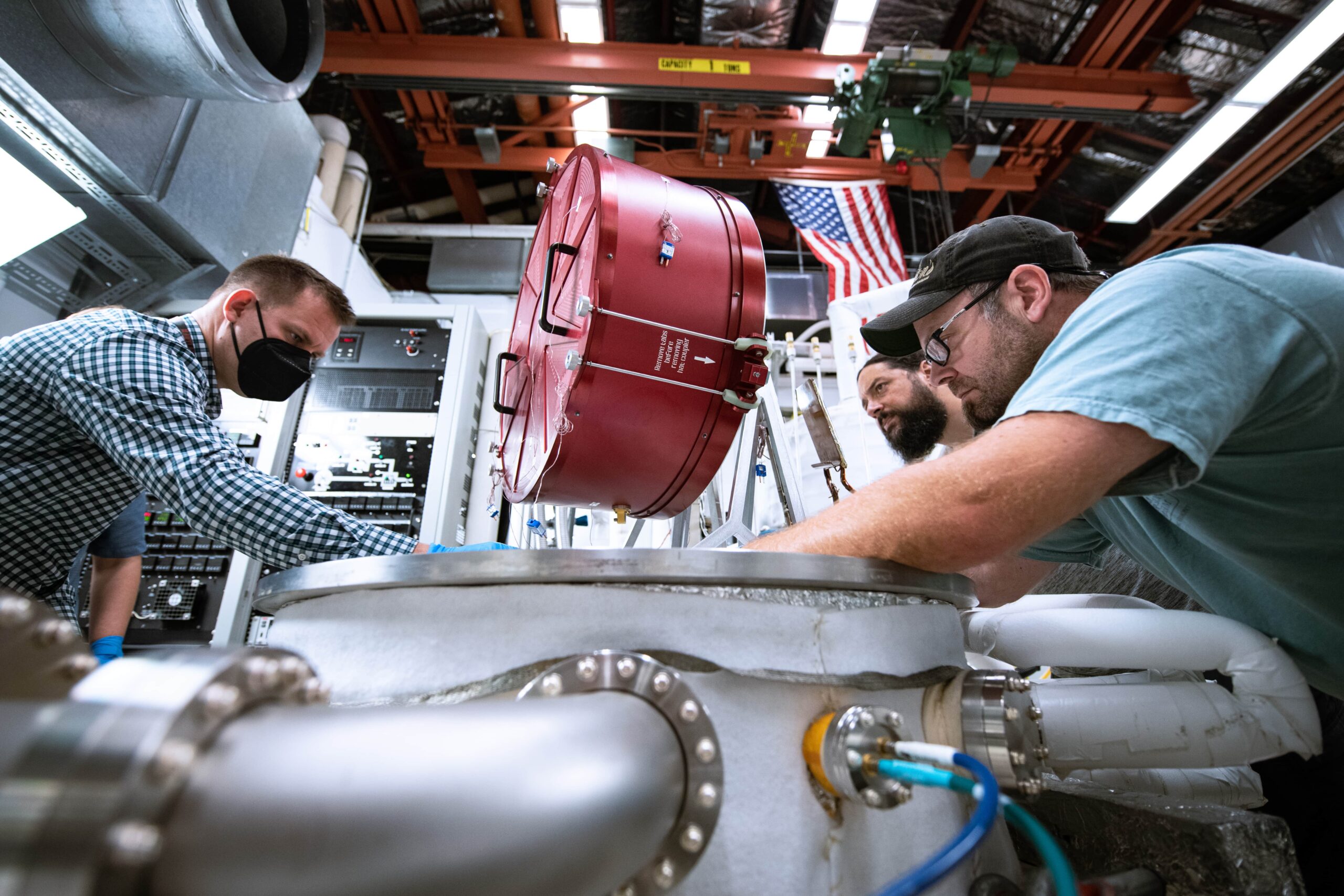 The PACE radio frequency (RF) team finalizing the test setup up of the PACE Earth Coverage Antenna Hat Coupler