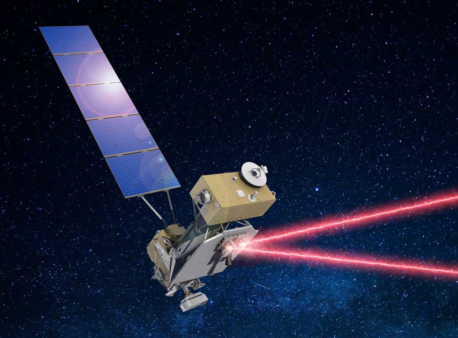Artist's concept of Laser Communication Relay Demonstration (LCRD) in geosynchronous orbit transmitting. LCRD is one of the many missions ETD's Telemetry and Command Systems' capabilities have supported. Credit: NASA