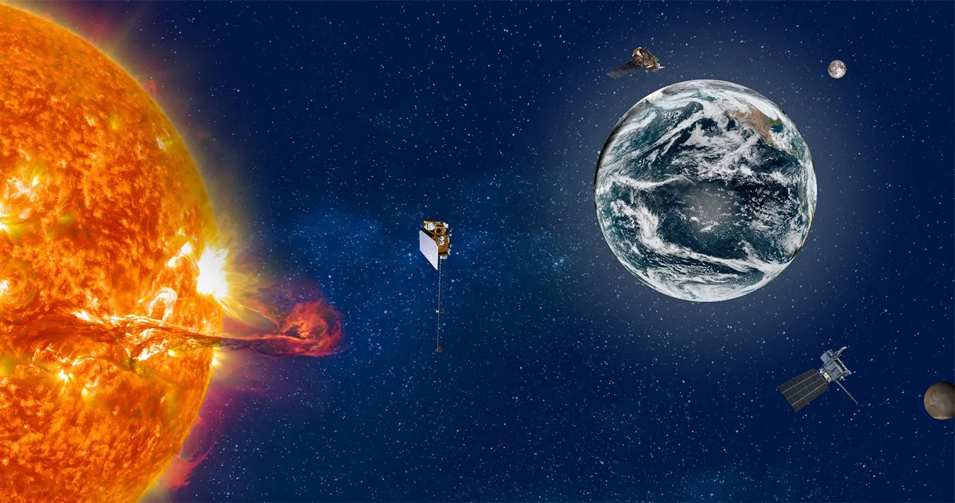 Illustration of the Sun and Earth, with multiple spacecrafts in space.