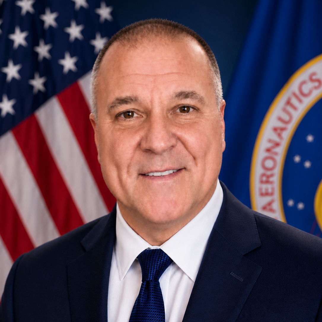 a headshot of a man wearing dark blue suit with a white shirt and dark blue tie with american and nasa flags in the background